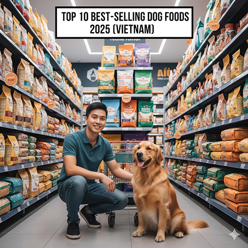 Nam thanh niên quỳ cạnh chó Golden trong siêu thị thú cưng, xung quanh là kệ đầy túi thức ăn cho chó các thương hiệu nổi tiếng.