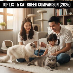 Gia đình vui vẻ chơi với hai chú mèo trong phòng khách, đại diện cho bài viết top list và so sánh giống mèo