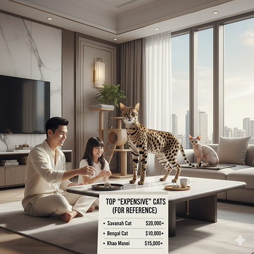 Gia đình trong căn hộ sang trọng cùng mèo Savannah, Bengal và Khao Manee, minh họa cho nhóm mèo có giá trị cao nhất thế giới