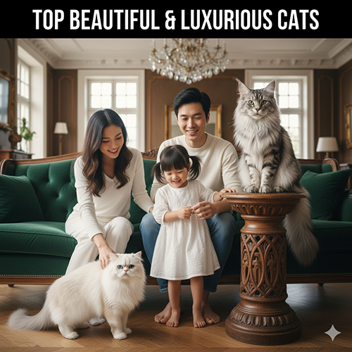 Gia đình chụp ảnh cùng mèo Persian trắng và mèo Maine Coon lớn trong phòng khách sang trọng, minh họa cho nhóm mèo đẹp và quý phái
