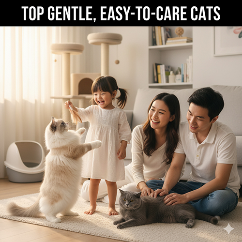 Bé gái và gia đình vui đùa với hai chú mèo Ragdoll và British Shorthair trong phòng khách, biểu tượng cho nhóm mèo hiền lành dễ nuôi