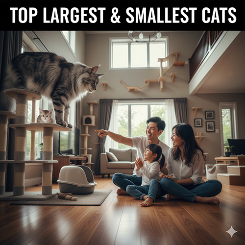 Gia đình vui vẻ trong phòng khách với mèo Maine Coon khổng lồ và mèo nhỏ Singapura trên cây mèo, thể hiện sự tương phản kích thước