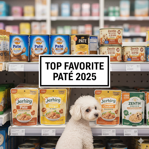 Chó nhỏ lông trắng đứng trước kệ siêu thị đầy sản phẩm pate cho chó như Pedigree, Jerhigh, Wanpy, Zenith.