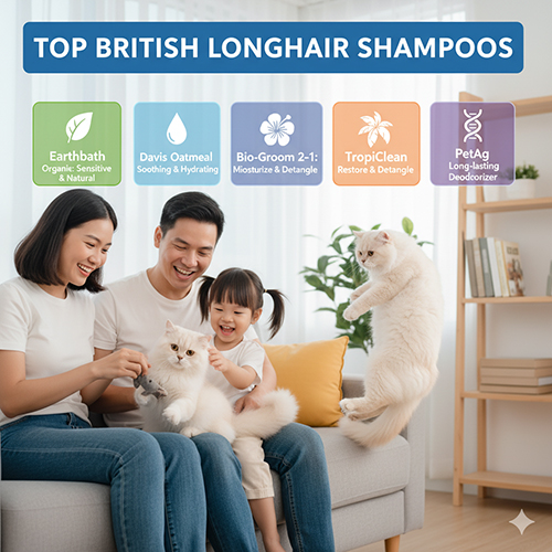 Top các loại sữa tắm tốt nhất cho mèo Anh lông dài như Earthbath, Davis Oatmeal, Bio-Groom, TropiClean và PetAg