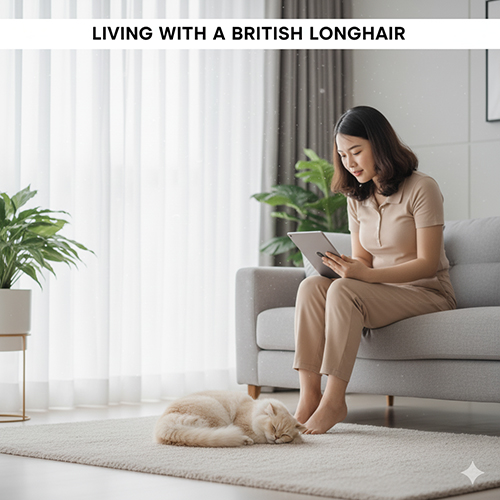 Trải nghiệm khi nuôi mèo Anh lông dài – Hình ảnh cô gái ngồi đọc sách bên cạnh mèo British Longhair vàng kem đang ngủ trên thảm, thể hiện cuộc sống yên bình và gắn bó.