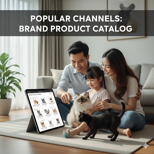 Gia đình xem danh mục mèo cảnh trên máy tính bảng, minh họa trang sản phẩm của thương hiệu Chạm Pets Family