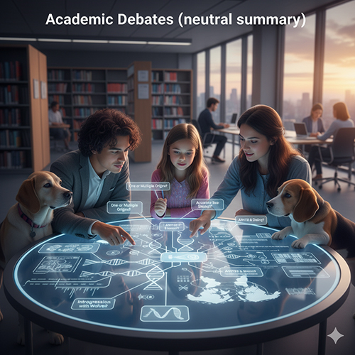 Các nhà nghiên cứu thảo luận bên bàn hologram về giả thuyết thuần hóa chó.