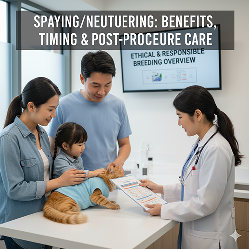 Bác sĩ thú y tư vấn cho gia đình về lợi ích và chăm sóc sau khi triệt sản cho mèo mặc áo bảo vệ vết mổ