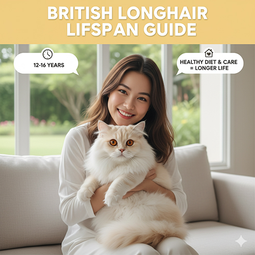 Cô gái ôm mèo Anh lông dài lông trắng cam trong phòng sáng, minh họa hướng dẫn về tuổi thọ trung bình của mèo ALD.