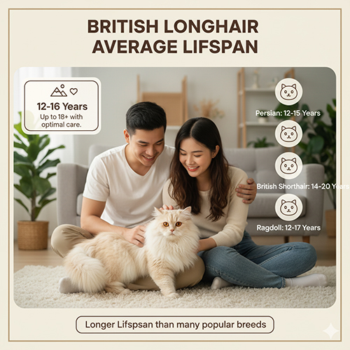 Cặp đôi trẻ vuốt ve mèo Anh lông dài trong phòng khách, minh họa bảng so sánh tuổi thọ trung bình giữa các giống mèo.