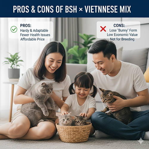 Gia đình Việt chơi đùa cùng mèo Anh lông ngắn và mèo ta lai, minh họa bài viết về ưu nhược điểm của việc phối giống hai dòng mèo