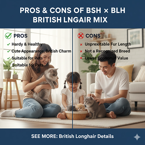 Gia đình vui vẻ ôm mèo Anh lông ngắn và mèo Anh lông dài, minh họa cho ưu và nhược điểm khi phối giống hai dòng mèo British Shorthair và British Longhair