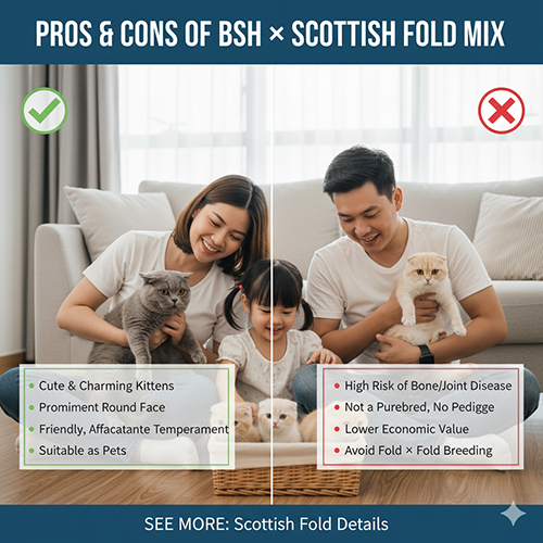 Gia đình vui vẻ ôm mèo Anh lông ngắn và mèo tai cụp trong phòng khách, minh họa cho ưu và nhược điểm khi phối giống British Shorthair và Scottish Fold