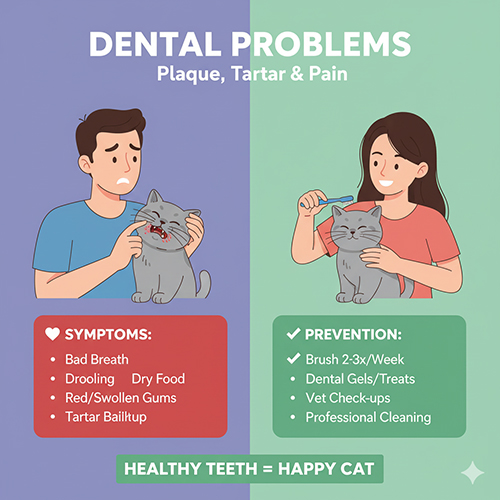 Minh họa mèo Anh lông ngắn được chủ chăm sóc răng miệng, làm sạch cao răng và chải răng định kỳ để phòng ngừa hôi miệng và viêm lợi