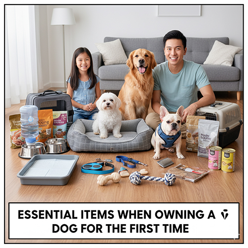 Người cha và con gái bên cạnh ba chú chó cùng bộ vật dụng cần thiết khi nuôi chó lần đầu