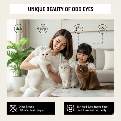 Mẹ và bé gái chơi cùng mèo Anh lông dài trắng mắt 2 màu cùng hai mèo khác – minh họa vẻ đẹp độc đáo của mèo odd eyes