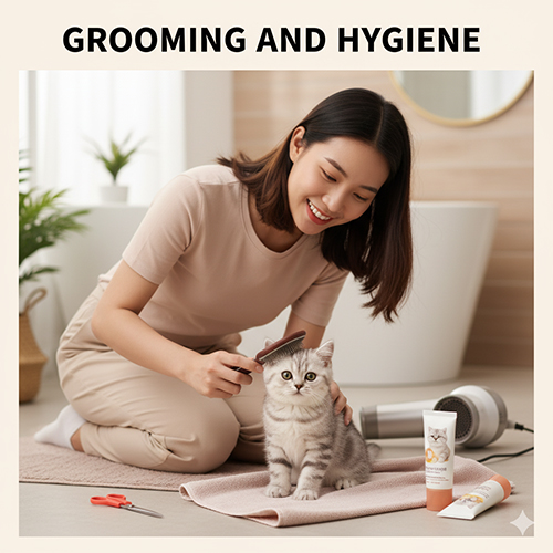 Cô gái ngồi trên sàn nhà chải lông cho mèo Anh lông ngắn con bằng lược slicker, bên cạnh là kéo và đồ chăm sóc