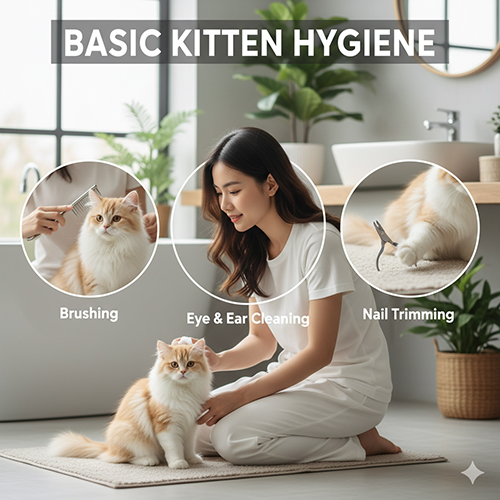 Vệ sinh cơ bản cho mèo Anh lông dài 2 tháng tuổi – Hình ảnh cô gái chăm sóc mèo British Longhair con vàng trắng, minh họa các bước chải lông, lau mắt tai và cắt móng.