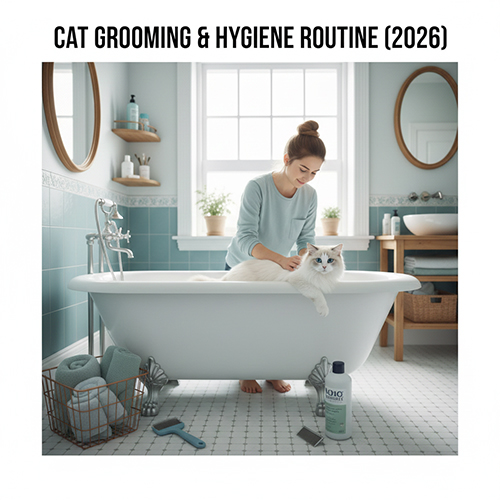 Vệ sinh và grooming cho mèo tại nhà gồm tắm chải lông chăm sóc mắt tai răng và móng