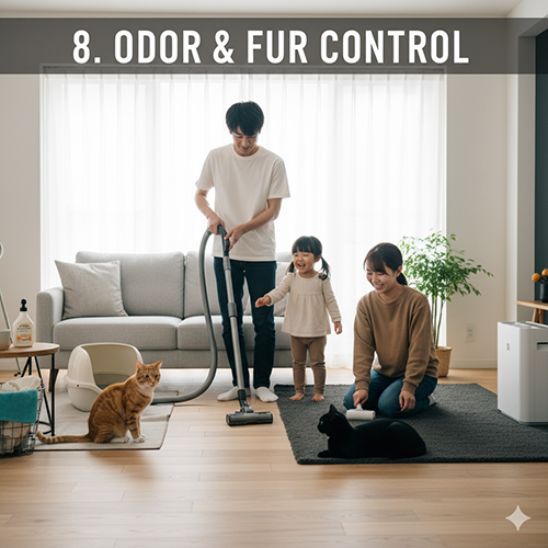 Gia đình dọn dẹp lông mèo bằng máy hút bụi và con lăn lông trong phòng khách, tạo không gian sạch sẽ và khử mùi hiệu quả.