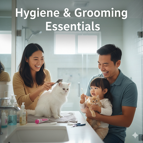 Gia đình chăm sóc mèo trong phòng tắm, chải lông và vệ sinh răng cho mèo con và mèo trưởng thành