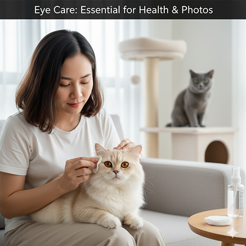 Cô gái đang nhẹ nhàng lau mắt cho mèo Anh lông vàng bằng gạc mềm, phía sau là một chú mèo xám đang quan sát trên cây trụ cào.