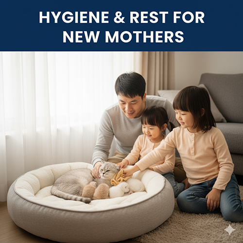 Người cha và hai con nhỏ chăm sóc mèo Anh lông ngắn mẹ và đàn con trong ổ ấm, minh họa không gian nghỉ ngơi sạch sẽ sau sinh