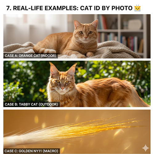 Ba ví dụ ảnh: mèo vàng indoor, mèo mướp vàng outdoor và macro sợi lông golden ny11