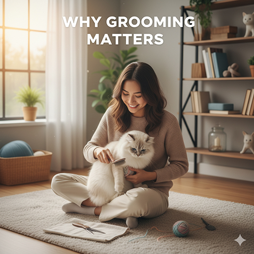 Cô gái đang chải lông cho mèo Anh lông dài trong phòng sáng sủa, thể hiện tầm quan trọng của việc chăm sóc lông giúp mèo sạch sẽ và khỏe mạnh.