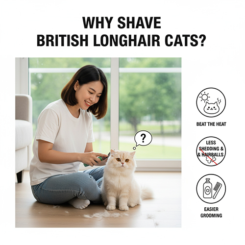 Vì sao nên cạo lông mèo Anh lông dài – Hình ảnh cô gái chải lông cho mèo British Longhair trắng, minh họa các lý do như giảm nóng, giảm rụng lông và dễ chăm sóc.
