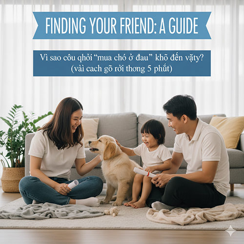 Gia đình cùng chơi với chó con trong phòng khách, minh họa phần mở đầu “Vì sao câu hỏi mua chó ở đâu khó đến vậy?” trong hướng dẫn chọn nguồn mua chó an toàn.