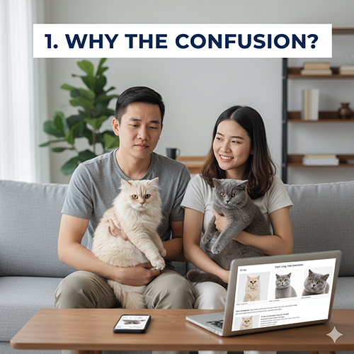 Cặp đôi trẻ ngồi trên ghế sofa, mỗi người bế một chú mèo Anh lông ngắn và lông dài, trước mặt là laptop hiển thị hình so sánh hai giống mèo