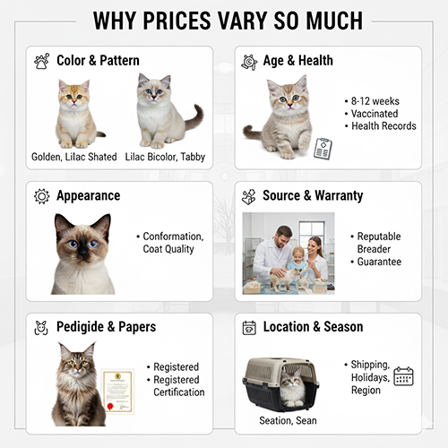 Các yếu tố khiến giá mèo chênh lệch như màu lông, tuổi, sức khỏe và nguồn bán