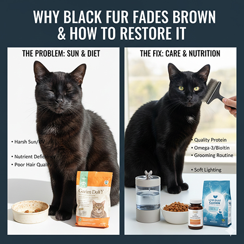 So sánh mèo đen bị phai nâu do nắng và dinh dưỡng kém với mèo đen được chăm sóc đúng cách có lông đen bóng