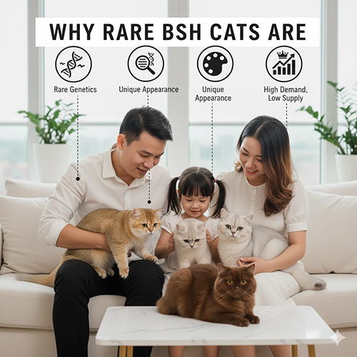 Gia đình vuốt ve mèo Anh lông dài màu hiếm Golden, Silver và Chocolate – minh họa lý do mèo màu hiếm có giá cao