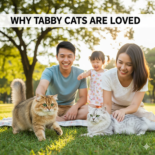 Gia đình vui chơi cùng hai chú mèo Anh lông dài Tabby trong công viên – minh họa lý do mèo Tabby được yêu thích