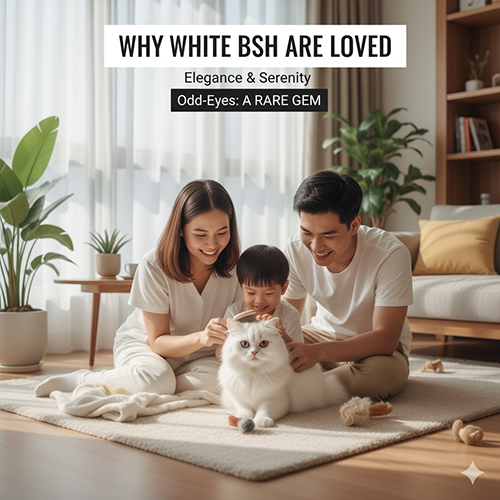 Gia đình trẻ Việt Nam vuốt ve mèo Anh lông dài trắng trong phòng khách, thể hiện vẻ đẹp tinh khôi và hiếm có của giống mèo này