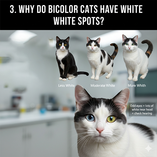 Mèo bicolor với các mức độ mảng trắng khác nhau do tế bào sắc tố không phân bố đều