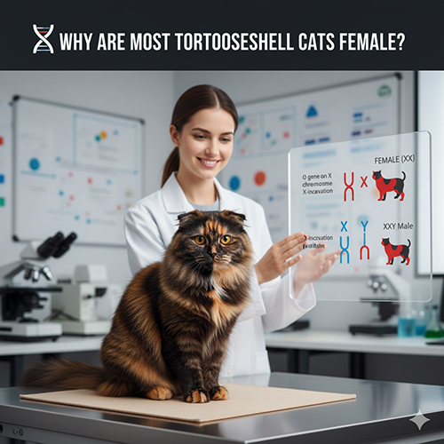 mèo đồi mồi tortoiseshell ngồi trên bàn, bác sĩ thú y trình bày sơ đồ nhiễm sắc thể X giải thích màu lông