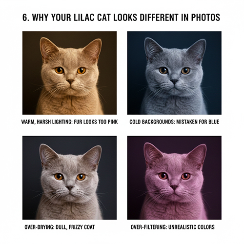 So sánh mèo lilac trong các điều kiện chụp khác nhau cho thấy ảnh hưởng của ánh sáng, nền và filter lên màu lông