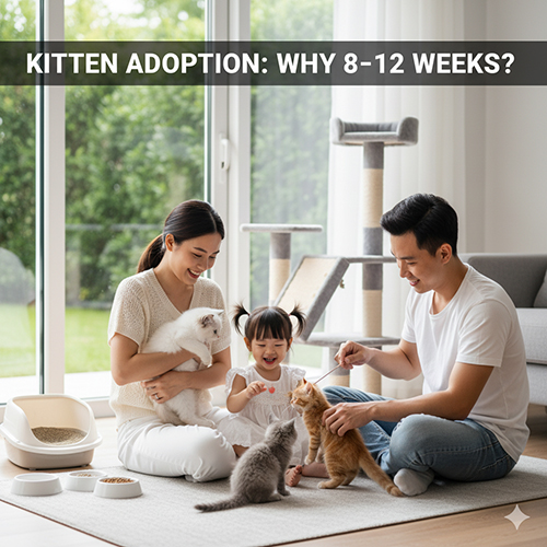 Gia đình vui vẻ bên ba chú mèo con 8–12 tuần tuổi trong nhà, minh họa thời điểm lý tưởng để đón mèo con về nuôi.