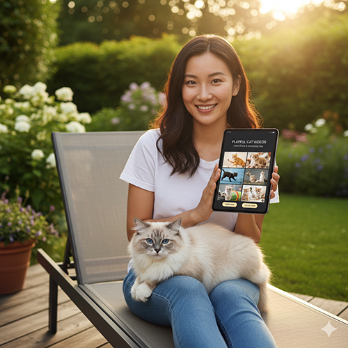 Người phụ nữ ngồi ngoài sân vườn với mèo lông dài trên đùi, cầm máy tính bảng hiển thị bộ sưu tập video mèo tinh nghịch đang chơi đùa