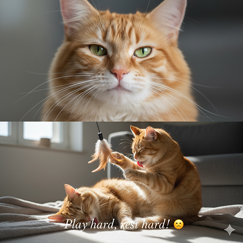 Hai chú mèo lông cam đang chơi đồ chơi cần câu và nghỉ ngơi trên ghế sofa, thể hiện khoảnh khắc “chơi hết mình, nghỉ hết sức” trong ánh sáng tự nhiên