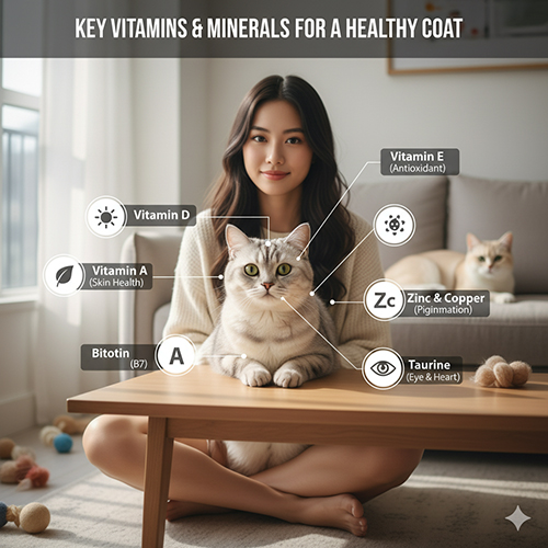 Mèo Anh lông ngắn ngồi trên bàn cùng chủ, với sơ đồ minh họa các vitamin và khoáng chất như biotin, vitamin A, E, kẽm, đồng và taurine.