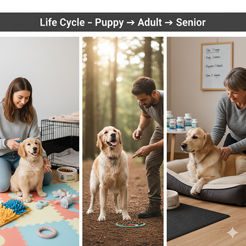 Vòng đời chó: Puppy → Trưởng thành → Senior; mốc chăm sóc, dinh dưỡng, vận động & y tế theo tuổi 🐶⏳