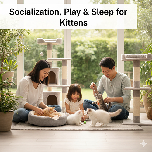 Gia đình vui đùa cùng đàn mèo con trong phòng khách với nhà cây và đồ chơi, minh họa quá trình xã hội hoá, chơi và ngủ của mèo con.