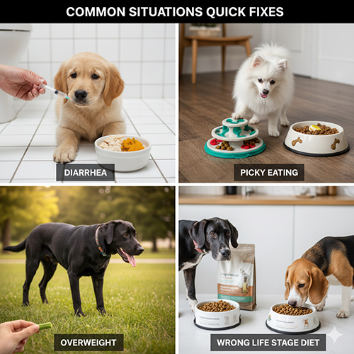 Các tình huống thường gặp khi cho chó ăn như tiêu chảy, kén ăn, béo phì và sai khẩu phần theo tuổi