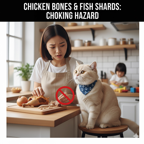 Mèo Anh lông ngắn ngồi cạnh bàn bếp, nơi người chủ đang gỡ xương gà với biểu tượng cấm đỏ cảnh báo nguy hiểm.