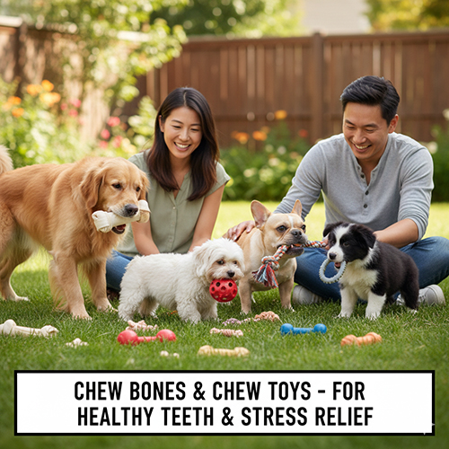 Gia đình cùng chơi với bốn chú chó đang gặm xương và đồ chơi trong sân vườn