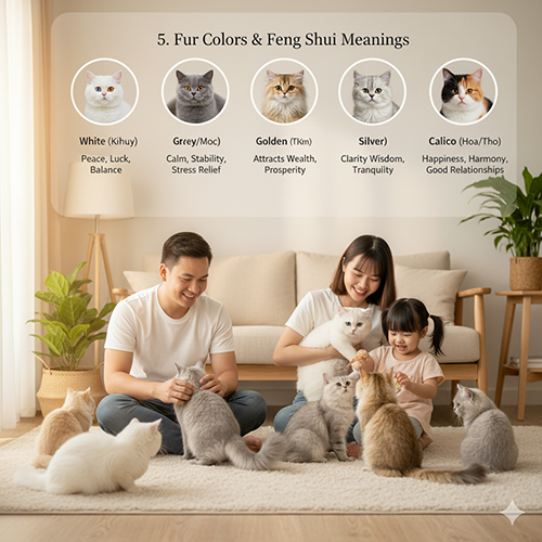 Gia đình Việt vui đùa với nhiều chú mèo Anh đủ màu như trắng, xám, vàng và bạc trong phòng khách sáng sủa, kèm bảng ý nghĩa phong thủy từng màu